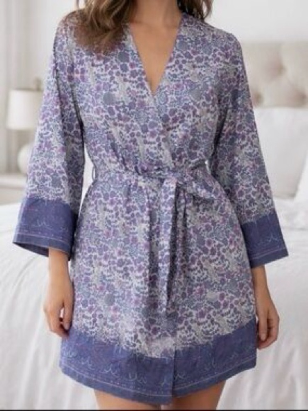 Plum Pretty Sugar Anthropologie Floral Kimono Sleeve Robe XL 100% Cotton Belted